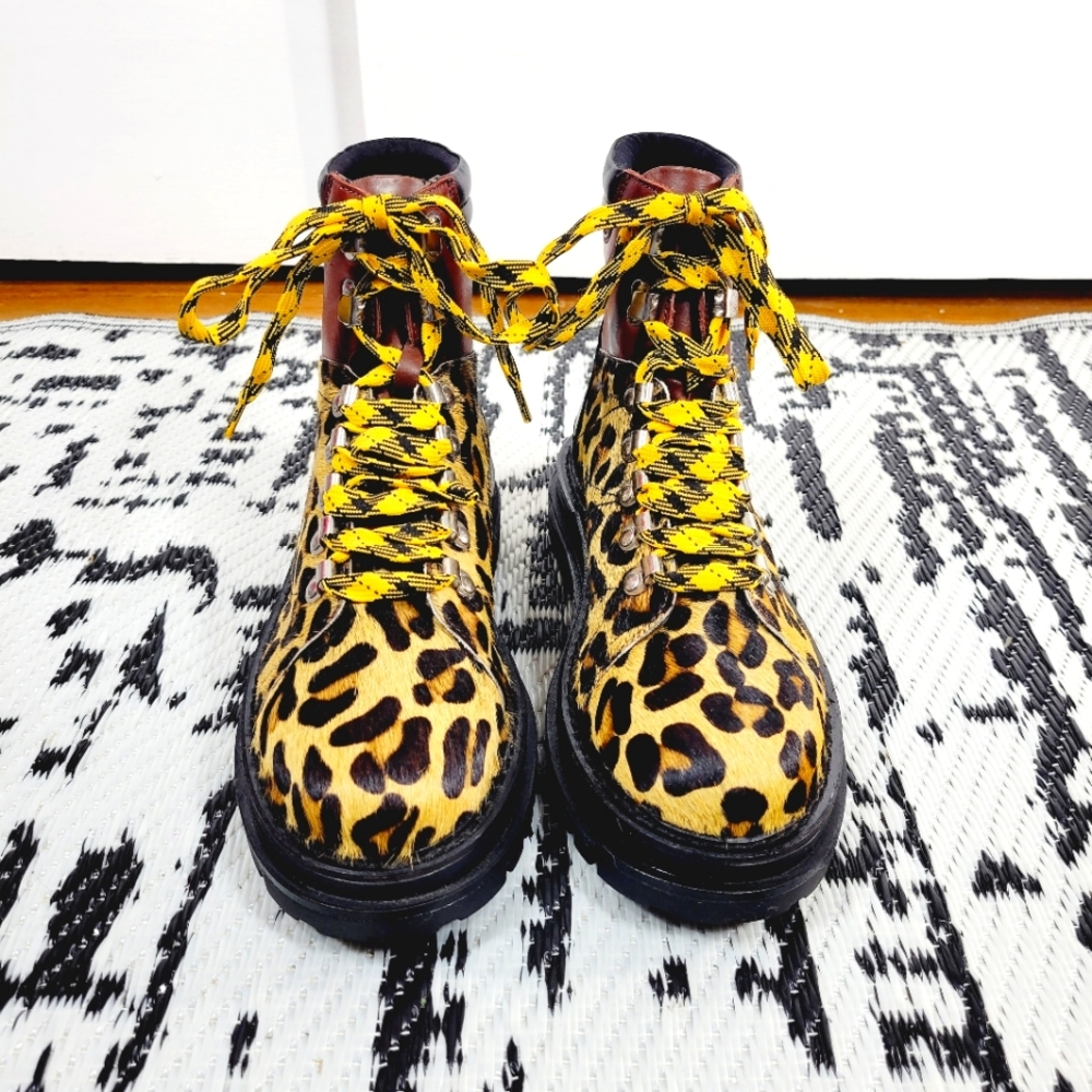 ASOS DESIGN Chunky Lace Up Hiker Boots in Tan and Leopard Print, Size 10